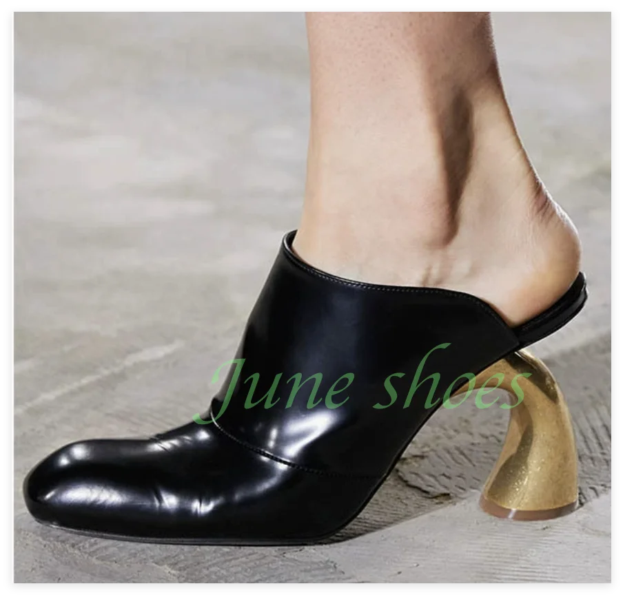 

Женские тапочки из искусственной кожи с металлическим каблуком, черно-белые туфли-лодочки для подиума, лето-осень, уличное платье, обувь-гладиатор, размер 43