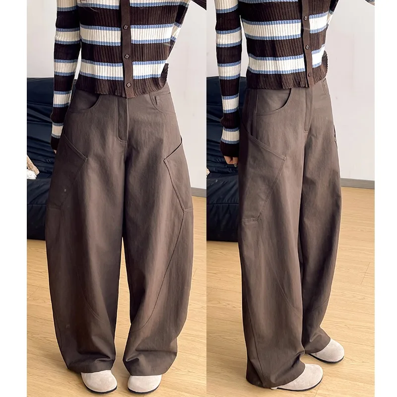2026 Fall Womens American Vintage Barrel Suit Pants Stylish Big Pockets Floor Length Slim Cargo Wide Leg Trousers