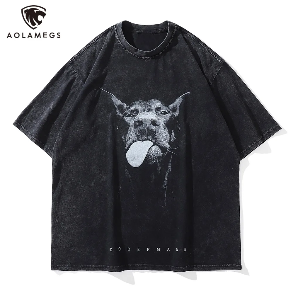 Harajuku Men Oversized TShirt 2023 Funny Doberman Dog Graphic Tshirts Vintage Washed Tees Summer Hip Hop High Street Streetwear