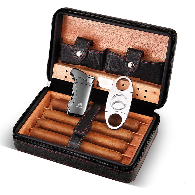 Sealed Moisturizing Leather Cigar Humidor, Portable Cedar Wood Travel Set with Lighter and Cigar Scissors