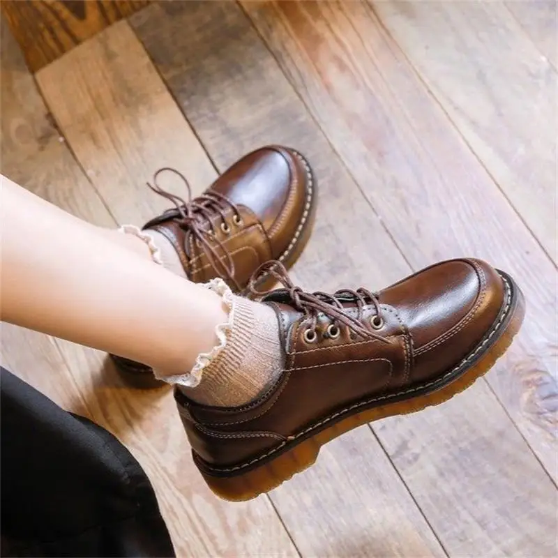 

35-40 Women Oxfords Women's Shoes Ladies Leather Female Round Toe Sewing Retro Comfortable Footwear Lolita Shoe Brown