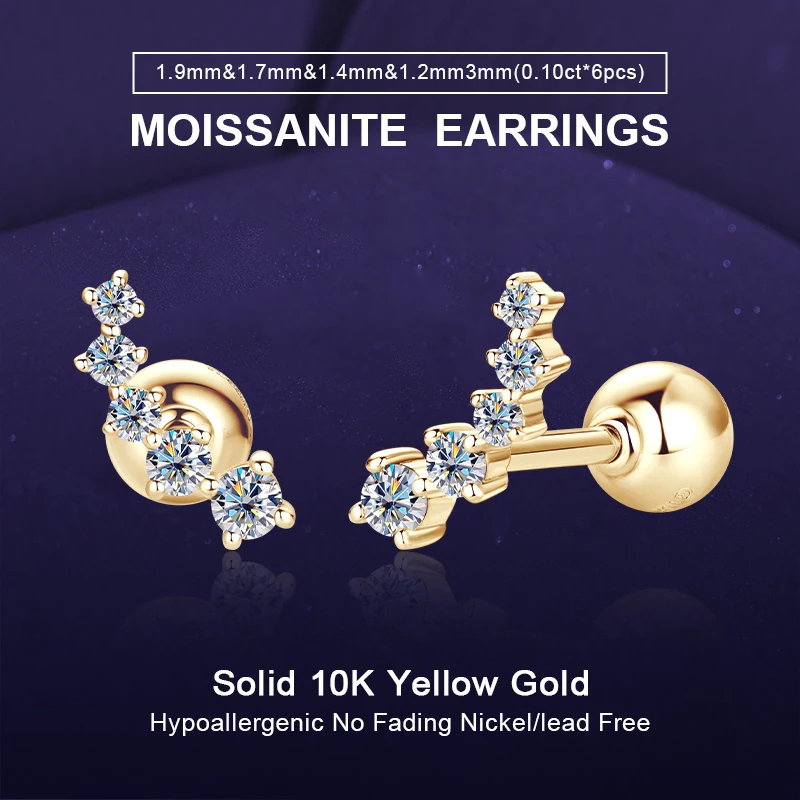 IOGOU Real 10K Yellow Gold Stud Earrings for Women Five-stone 0.80ct Moissanite Round Curved Screw Back Earrings Fine Jewelry