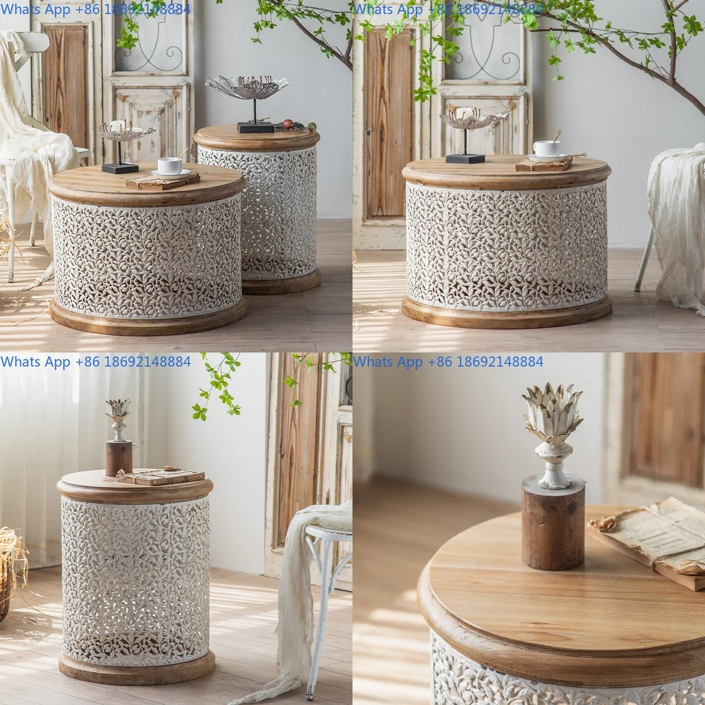 

White rattan living room coffee table set round pine side table for balcony sofa decor