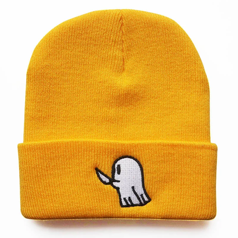 5 Colors Creative Design Ghost with Knife Embroidery Autumn Winter Beanies Skull Hat Hip Hop Crimping Keep Warm Cold Caps W174