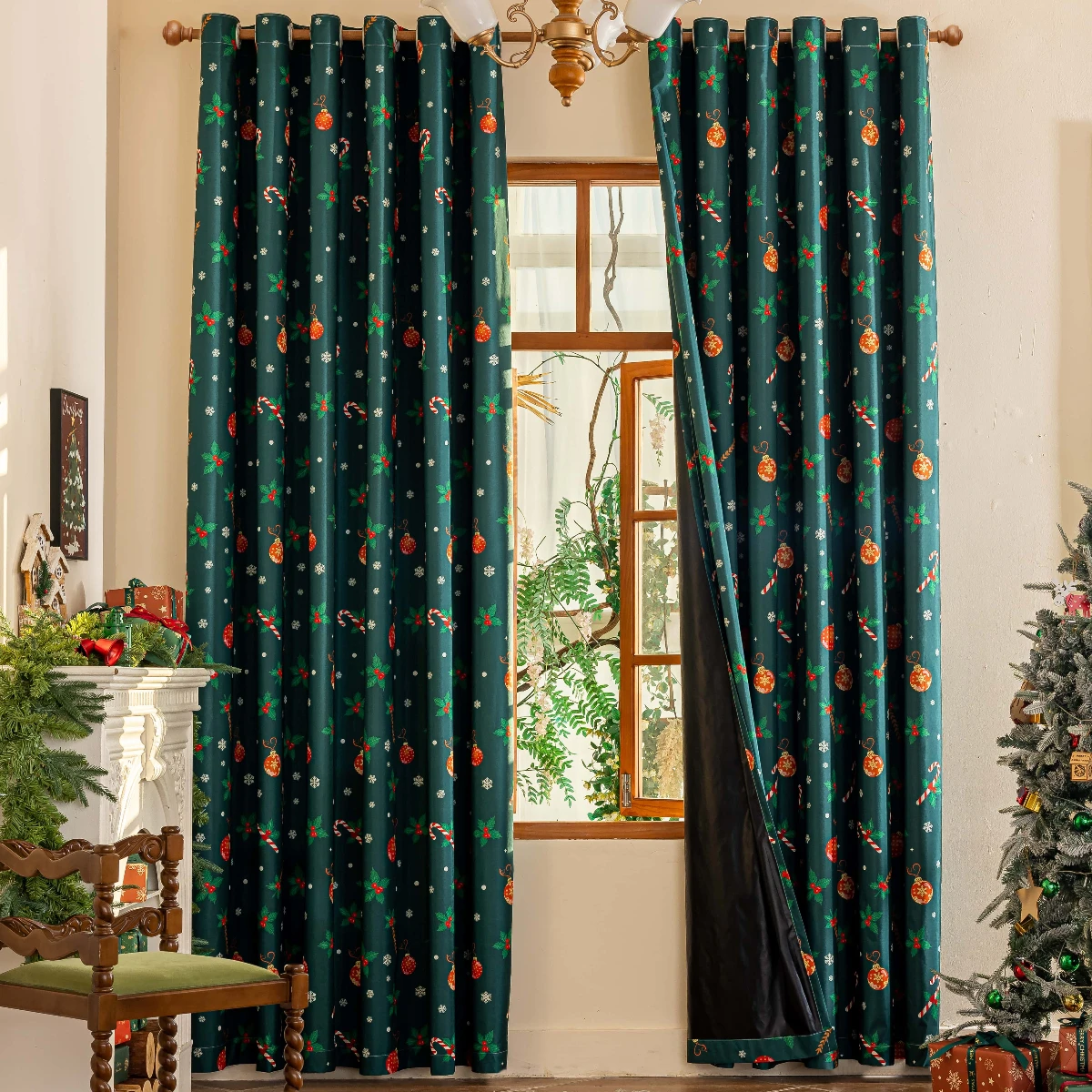 1Pc New Laminated Dark Green Background Christmas Design Decorative Curtains, 100% Blackout Fabric Home Blackout and Heat Insulation Thickened Curtains, Living Room, Bedroom, Study Room Decorative Rod-Pole Curtains
