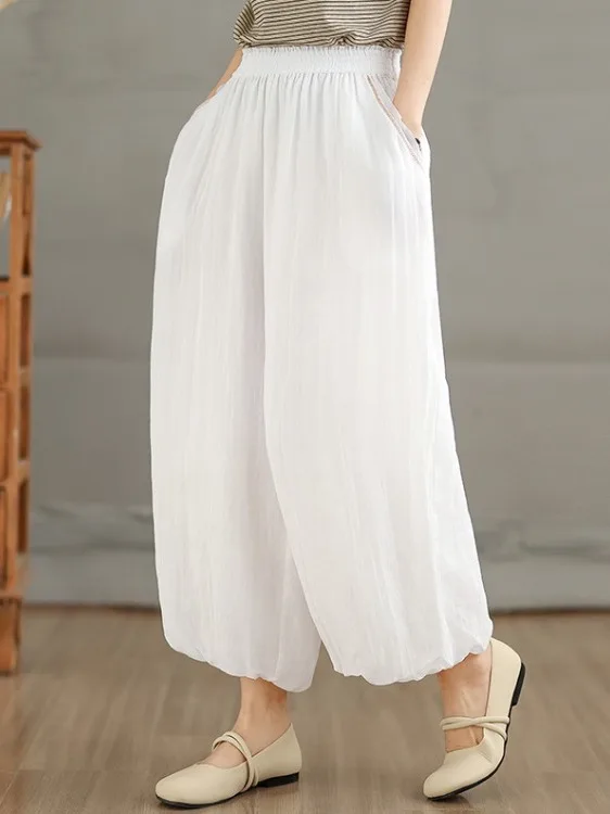 

Summer 2026 Women's plus Size Artistic Loose Wide Leg Lantern Pants White Versatile Casual Cotton Polyester Blend Trousers