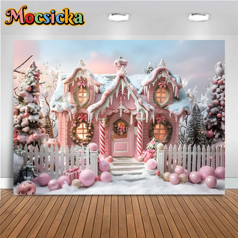 Mocsicka Christmas Photography Background Pink House Xmas Tree Snow Decoration Family Children Baby Photo Backdrop Studio Banner