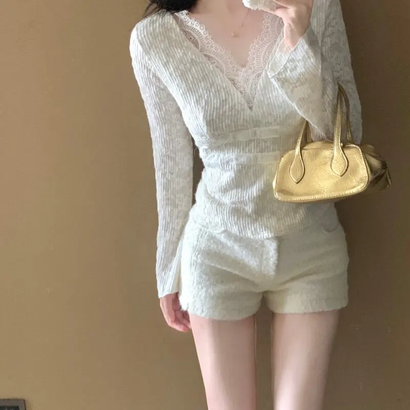 2026 Autumn Winter High Waist Woolen  Shorts Women's Long Leg Lengthening Boot Cut Pants Commute Style Button Detail