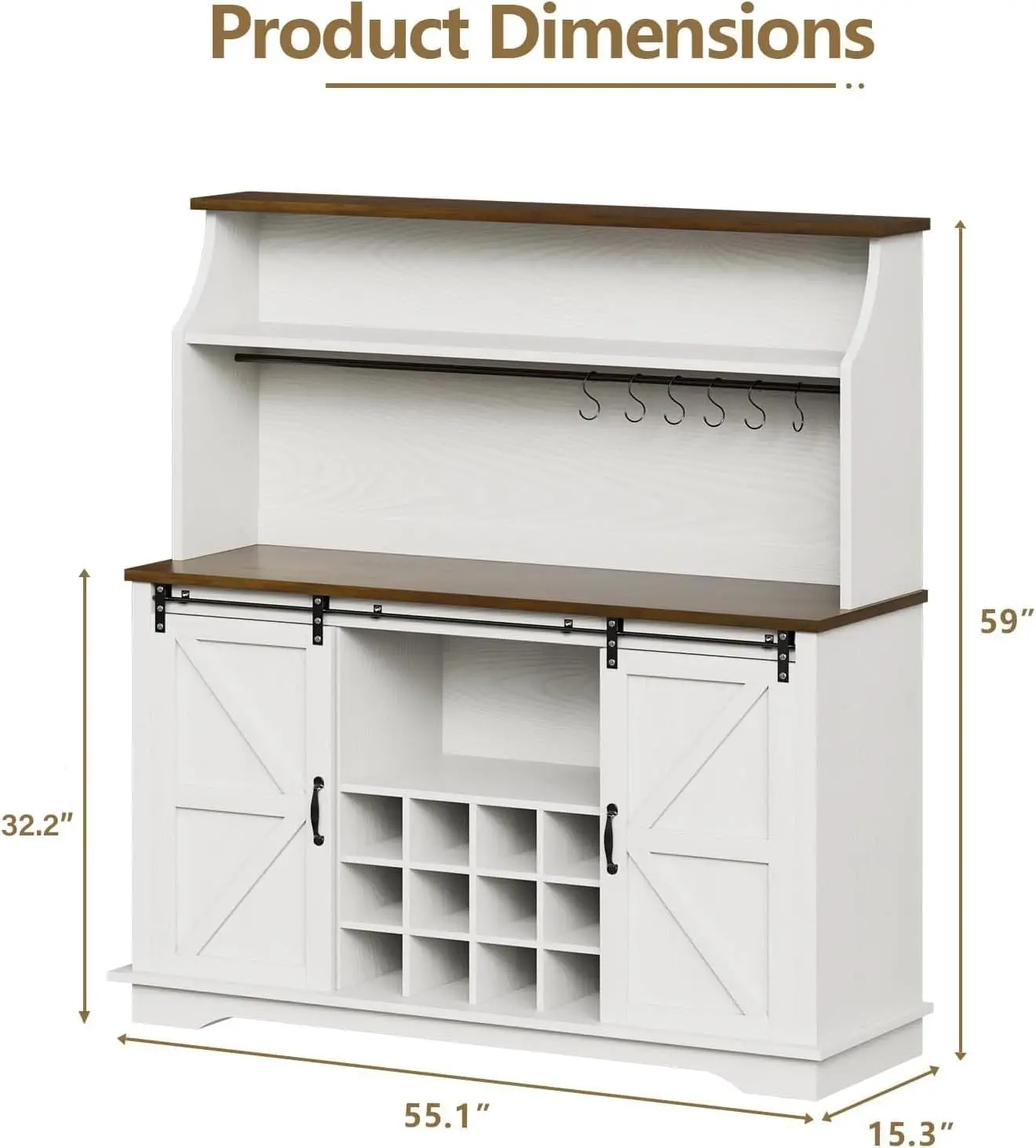 Barra de café de granja de 55" con almacenamiento de 3 niveles, gabinete para bar de vinos con 12 estantes para vino y 3 soportes para vasos, gabinete con aparador, blanco