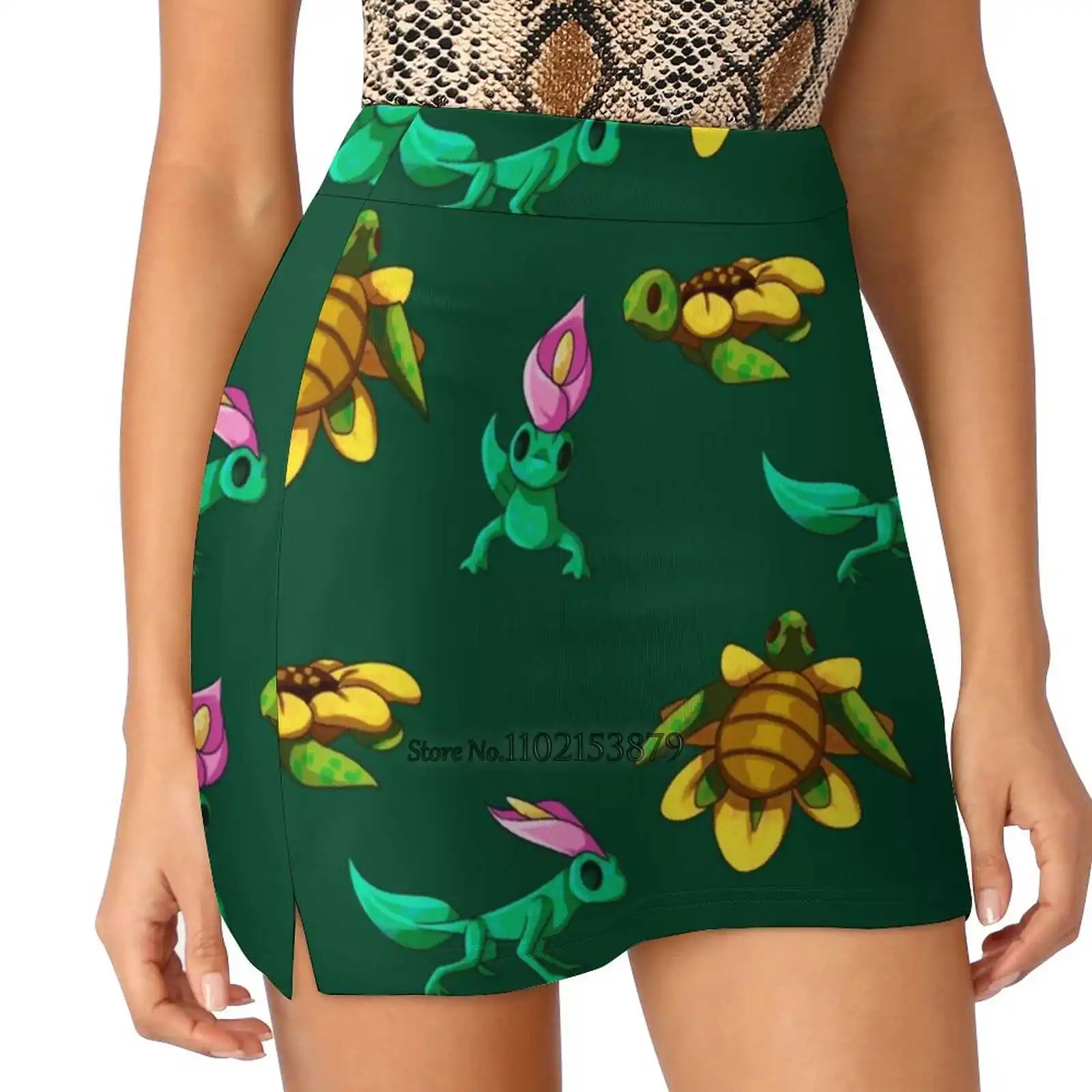 Floral Reptiles New Women Skirts Double-Layer Printed Short Dress Mini Sport Skirt Flower Lily Sunflower Lizard Turtle Cute