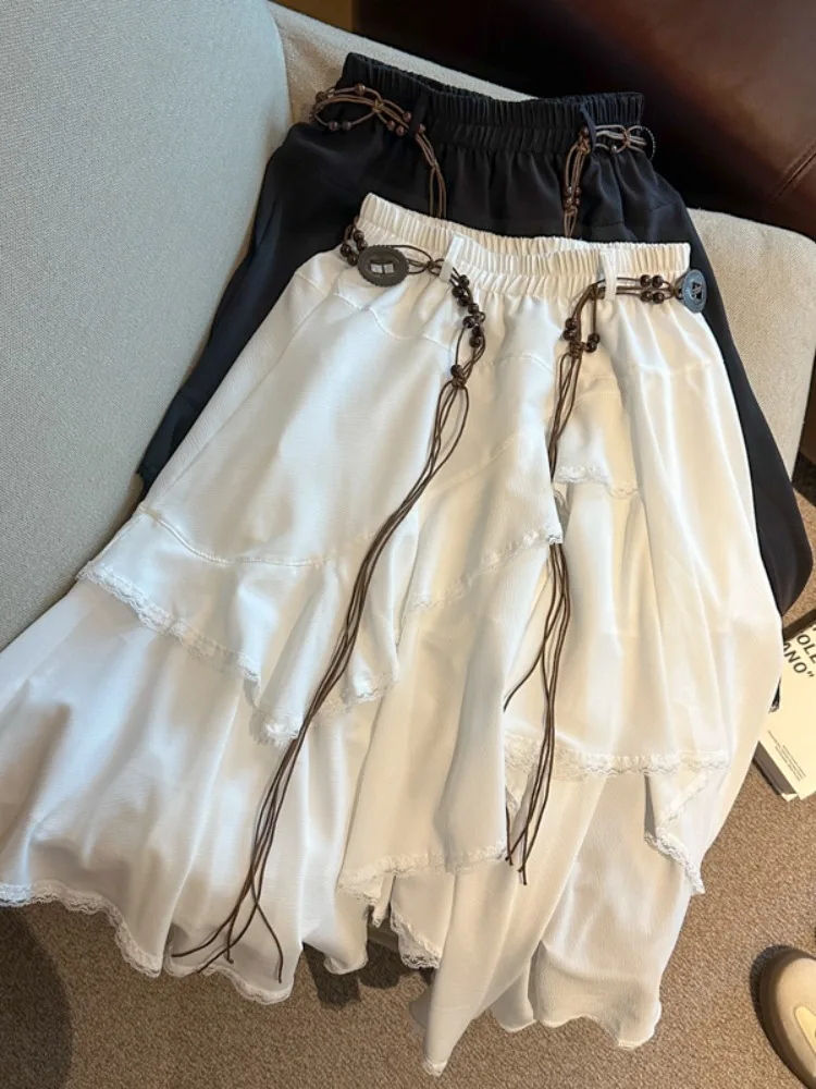 

Нежная женская юбка А-силуэта с завышенной талией, бантом на шнурке и кружевным подолом, лето 2026, в корейском стиле, для повседневной носки, из полиэстера