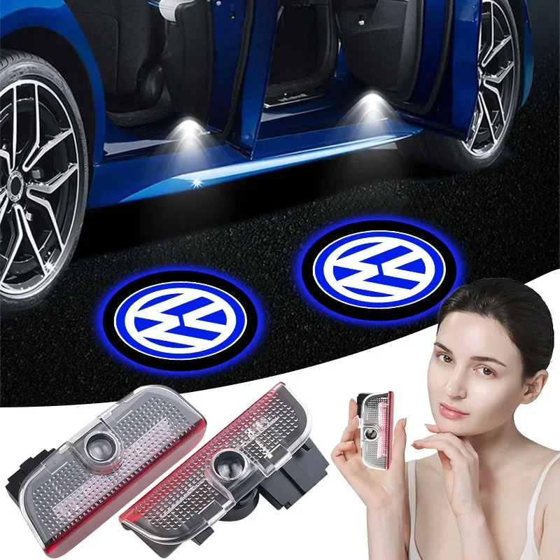 2Pcs Car HD Projector Lamp Car Door Wireless Welcome Light LED Decoration For Volkswagen VW GOLF RLine Polo Tiguan TOURAN PASSAT