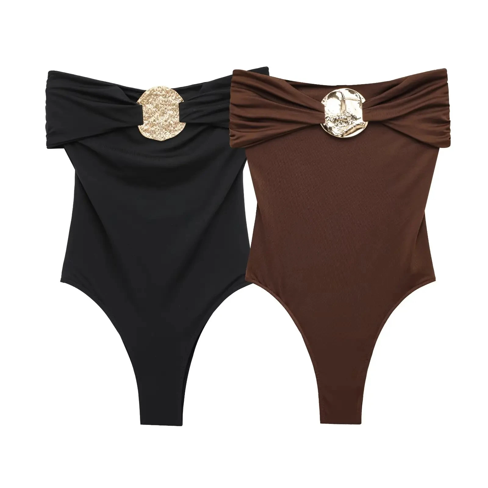 

2025 Woman Fashion Metal Trim One-piece Swimsuit Casual Slim Sleeveless Bodysuits Spring Summer