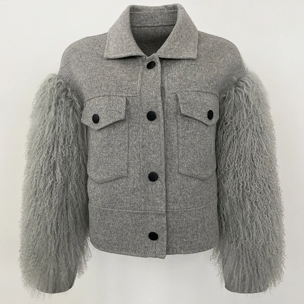 

Real Mongolian Fur Female Reality Fur Jacket Autumn Cuffs Wool Coat Pocket Full Sleeves Outerwear Cropped Wool Blend Coat Women