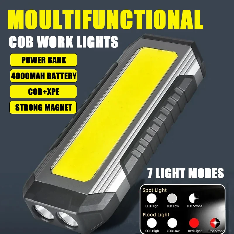 COB Work Light USB Rechargeable LED Flashlight Power Bank 18650 Portable Camping Lamp with Magnet Waterproof Lantern 4000mAh