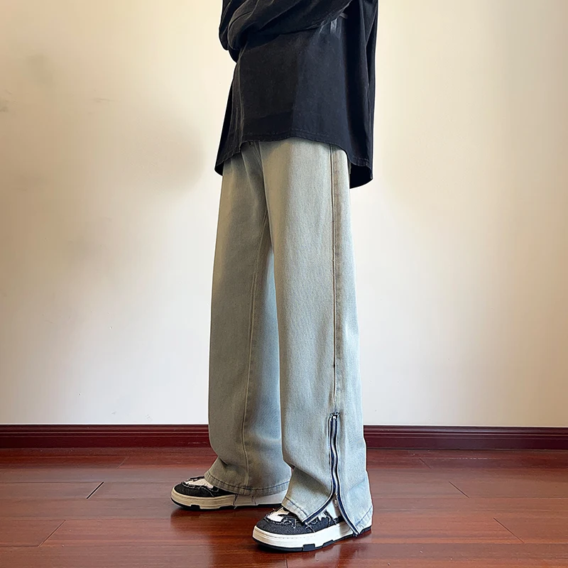 

Retro American Sle Men's Loose Straight Leg Jeans with Zipper Faded Wa Spring Autumn Wear Comfortable Classic Blue Jeans