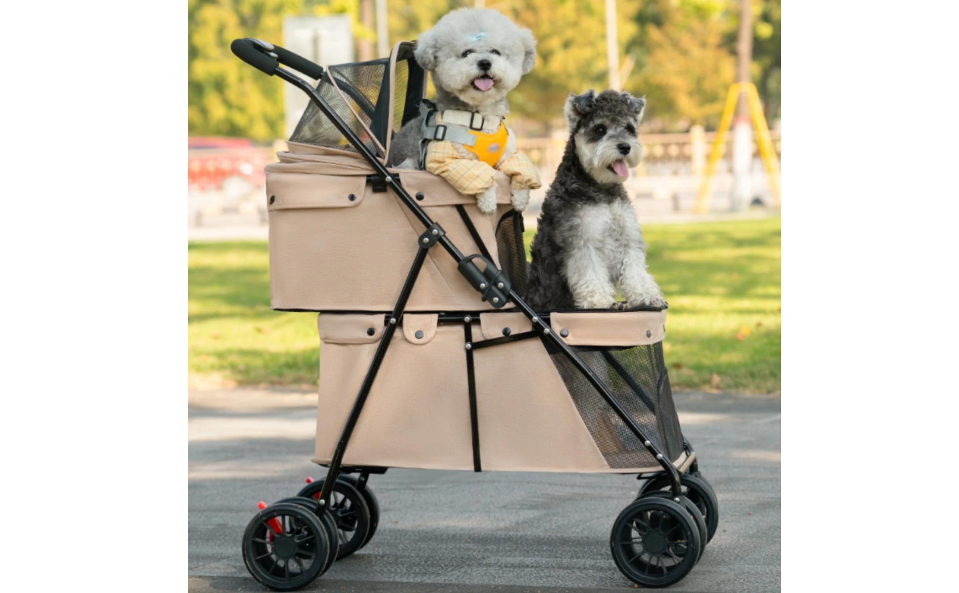 Double Layer Dog Feline Stroller Easy to Fold Double Deck Pet Stroller Large Space for Outdoor
