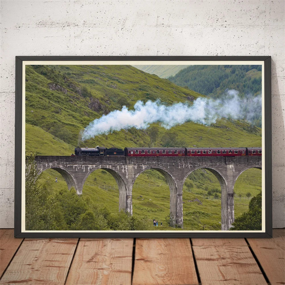 Retro Steam Train Posters, Travel Photos of Steam Trains Amidst Mountains and Rivers, Canvas Paintings for Home Decoration