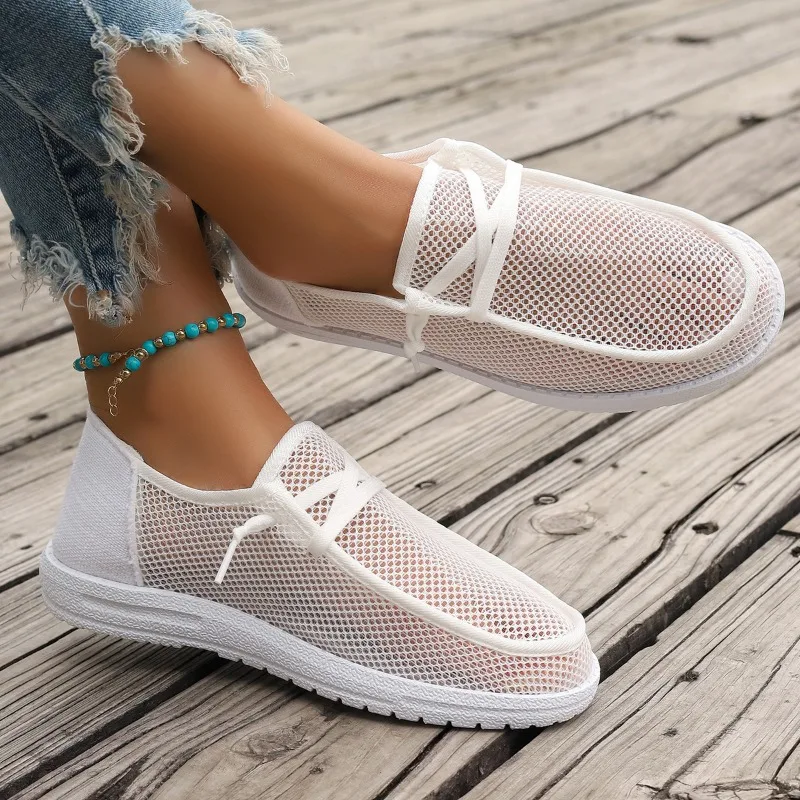 Low Heel Lace Up Hollow Out Round Head Women\'s Flats Shoes for Women 2024 Hot Sale Summer Breathable Neutral Leisure Shoes Women