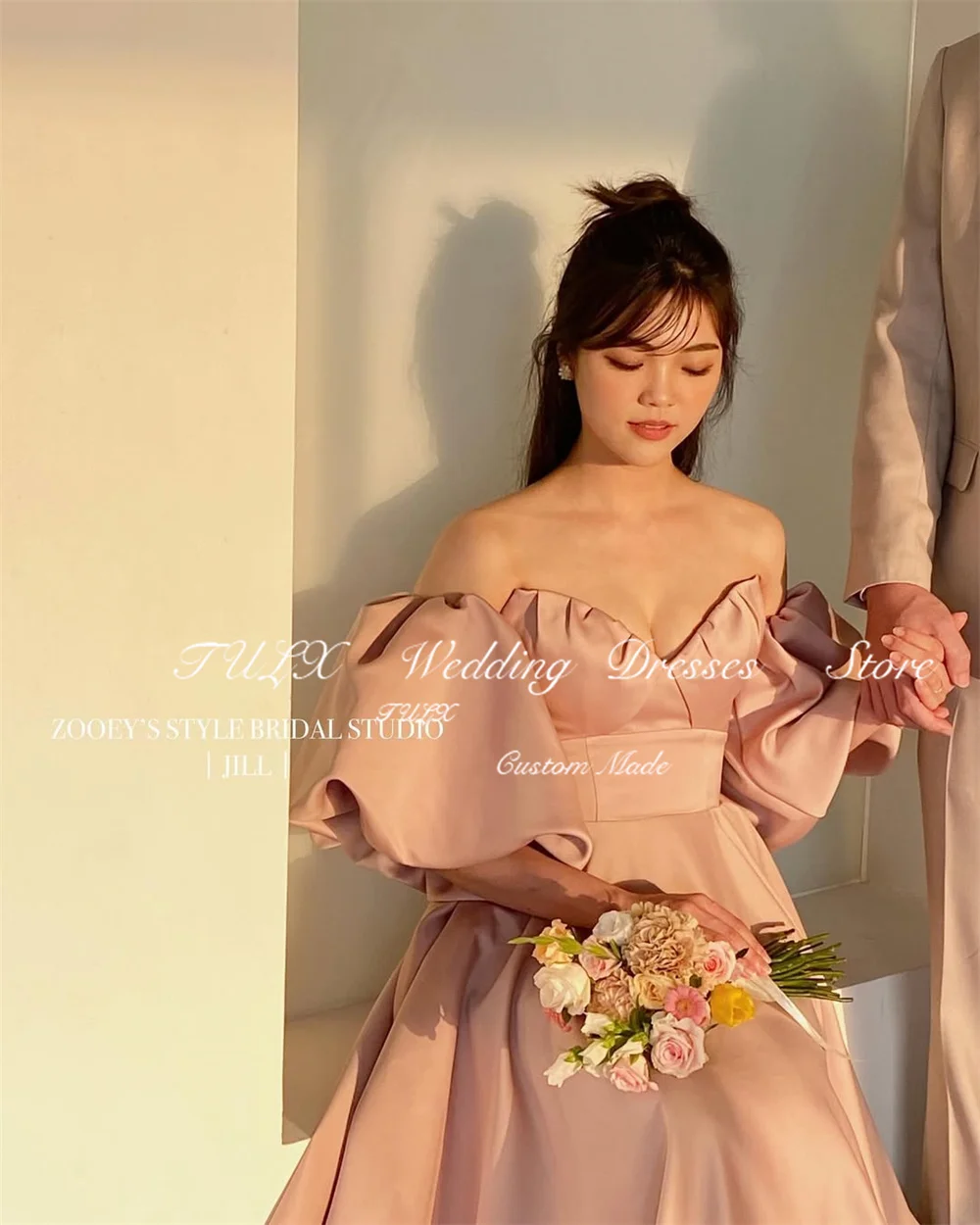 TULX Elegantes Satin A-Linie Korea Abendkleid Schatz Puffärmel Hochzeit Fotoshooting Kleid Bodenlanges Korsett Maßgeschneidert