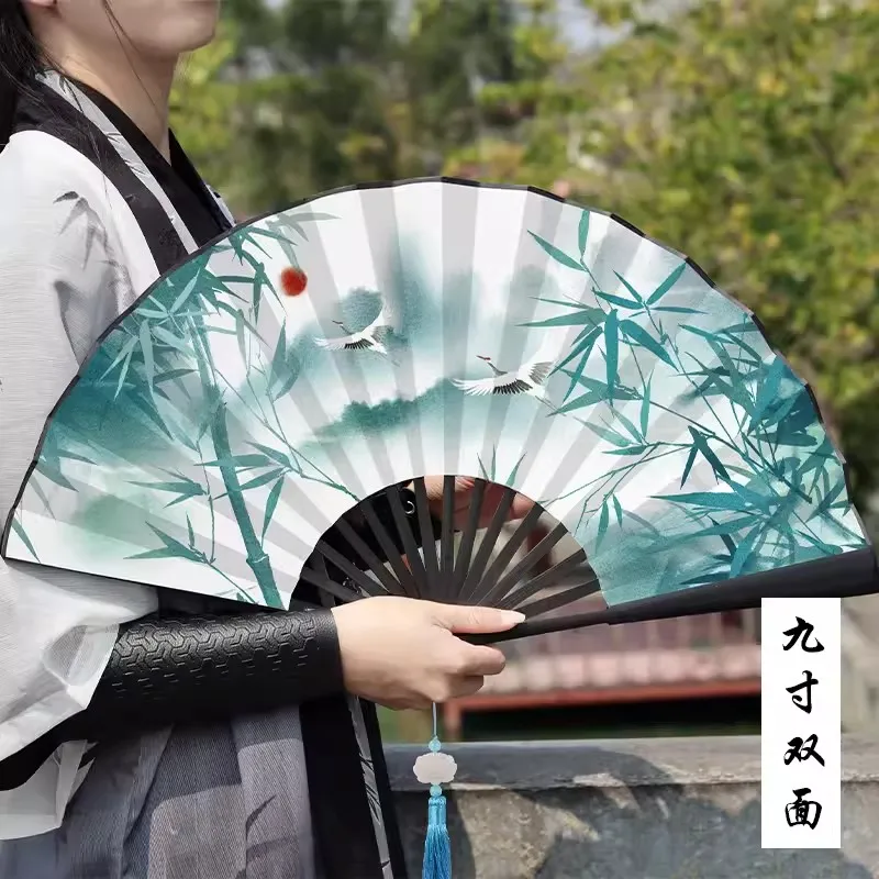 Summer Outdoor Decorative Folding Fan Bamboo And Wood Cloth Face Large Size Double-Sided Hand Fan Home Decoration Chinese Gift