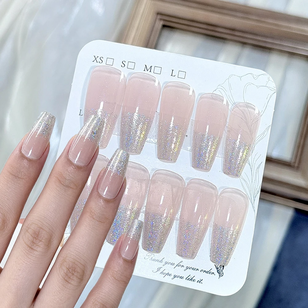 

120Pcs/box Ice Transparent Glitter Powder Fake Nails Tip Flash Press On False Nails Silver Nude Color Splicing Wearable Nail