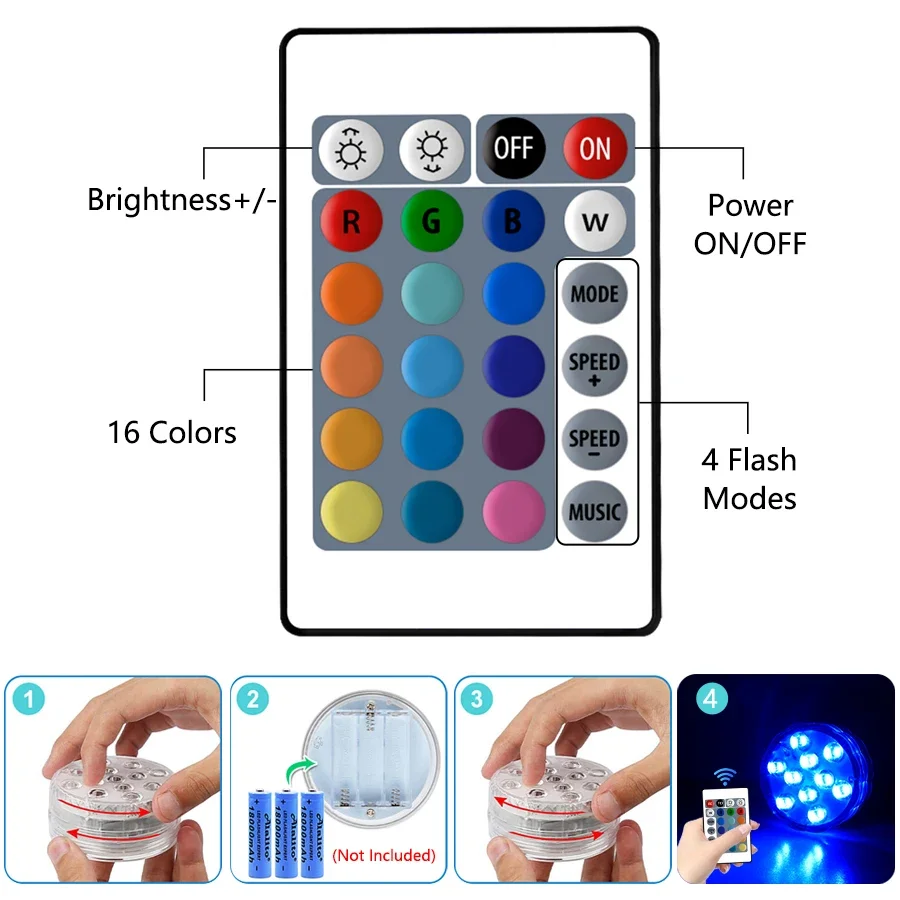 10Leds RGB LED Underwater Light Submersible Night Lamp Battery Powered Garden Swimming Pool Light For Wedding Party Vase Bowl