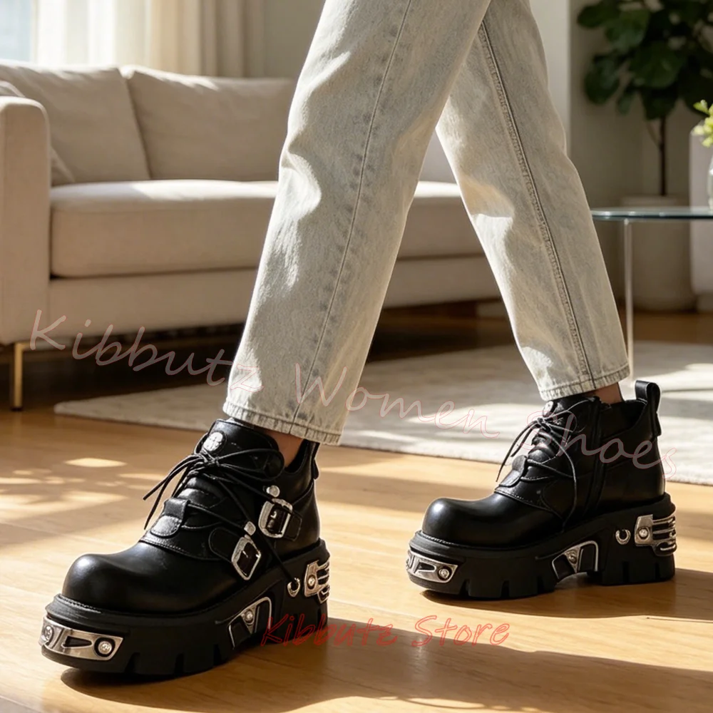 Heavy Metal Punk Pumps Platform Sneaker Rock Y2K Thick Bottom Round Toe Leather Lace-Up Shoes Unisex Dark Style Concise Newest