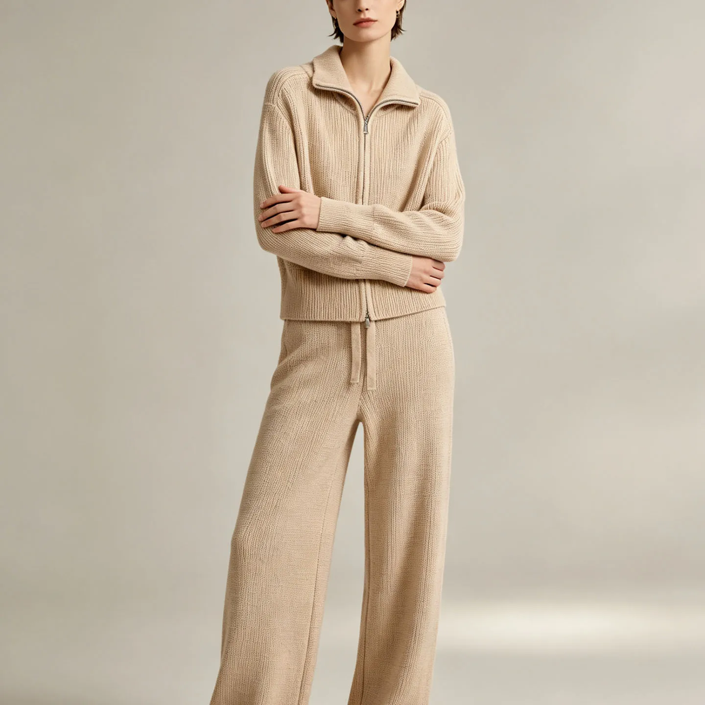 Women's Fashion Knitted Zipper Collar Jacket And Long Pants Set  Color Autumn 2026 New Arrival Zipper Closure Outfit