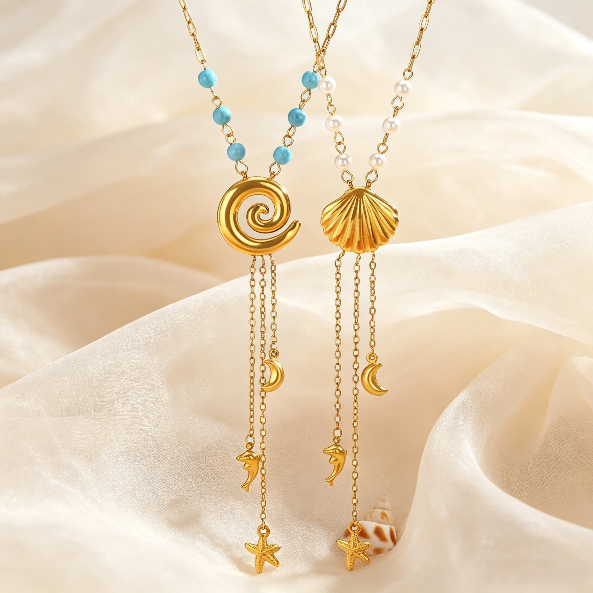 Bohemian Starfish Shell Pendant Necklace for Women, Dolphin Moon Long Tassel Gold Plated Necklace, Stainless Steel Charm Jewelry