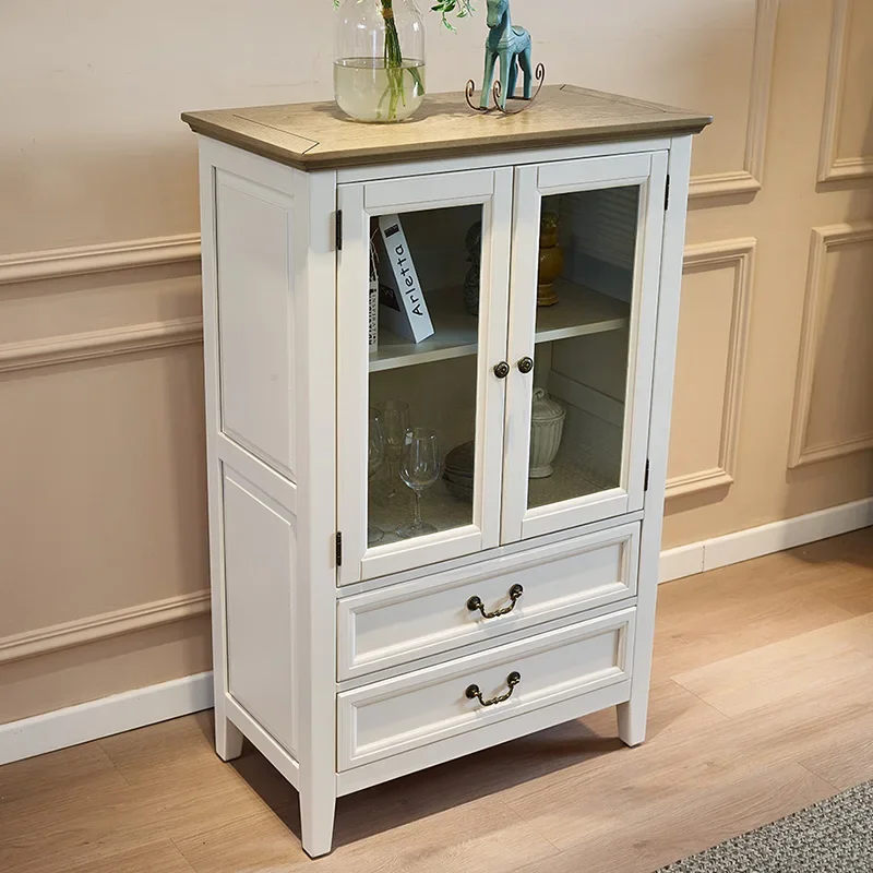 

Solid wood locker glass wine cabinet combination living room partition cabinet pastoral white dining side cabinet