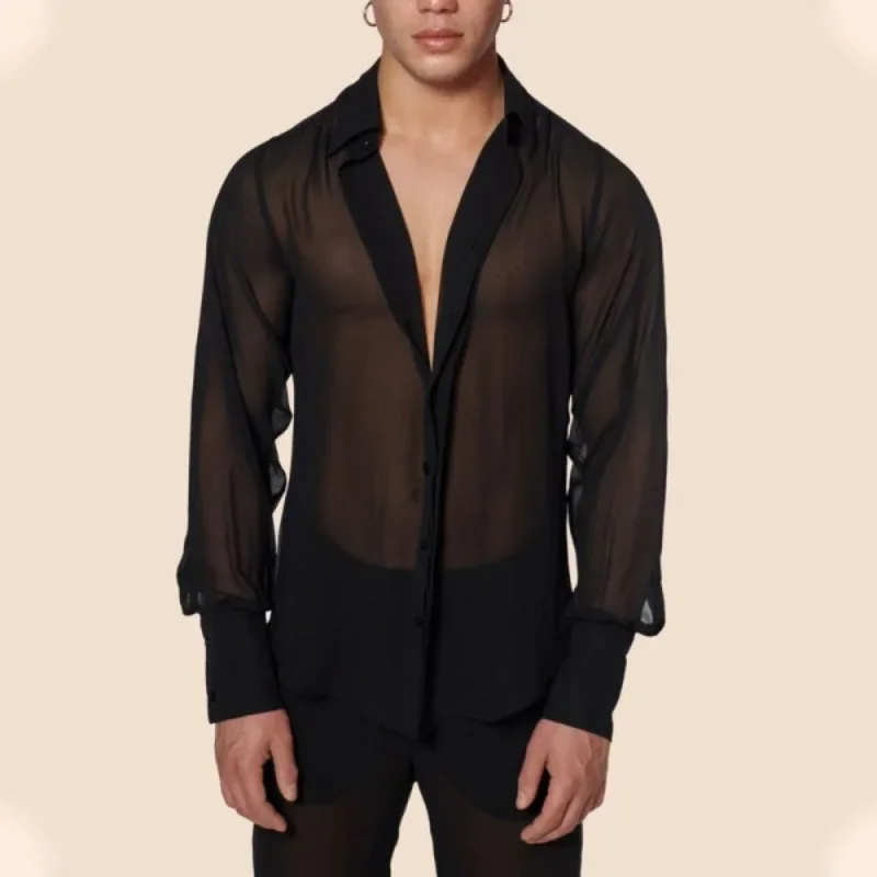 Summer and Autumn Shirt Top Men Mesh See-through Loose Shirt Men Sexy Long-Sleeved V-neck Turn-down Collar Single-Breasted Shirt