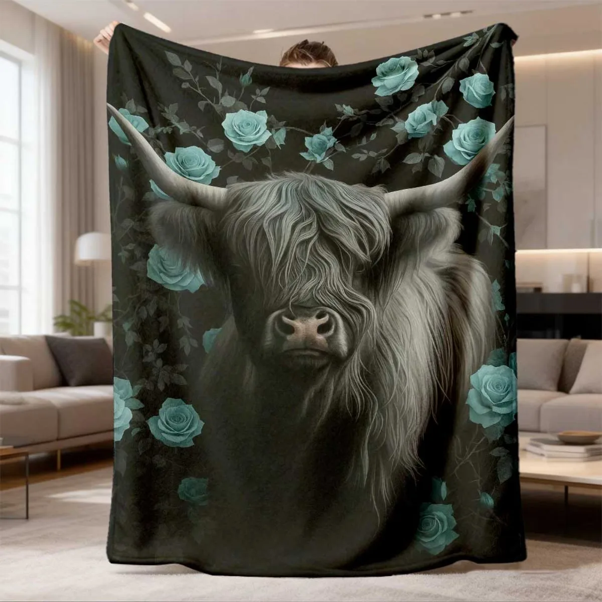 Highland Cow Blanket Cute Floral Crown Wood Grain Background Bedspread Throw Blanket Farmhouse Sofa Couch Bed Decor
