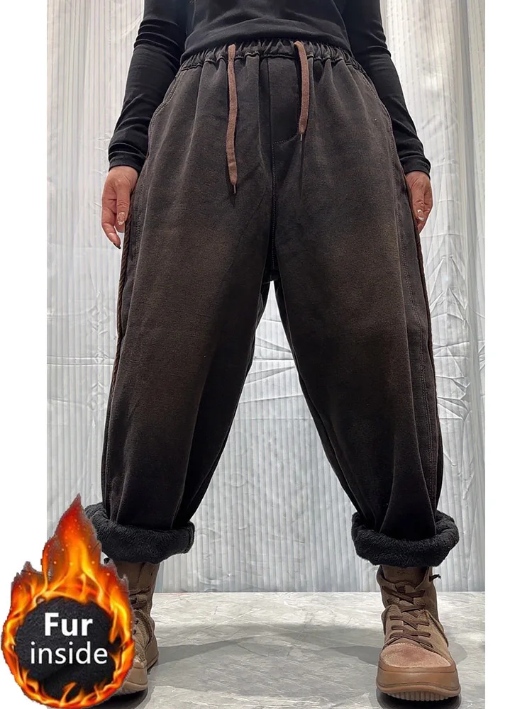 Amax LuluE 2025 الشتاء الكلاسيكية خمر الفراء الدنيم السراويل النساء الصلبة فضفاض جينز غير رسمي السيدات موضة رشاقته الدافئة الحريم بنطلون