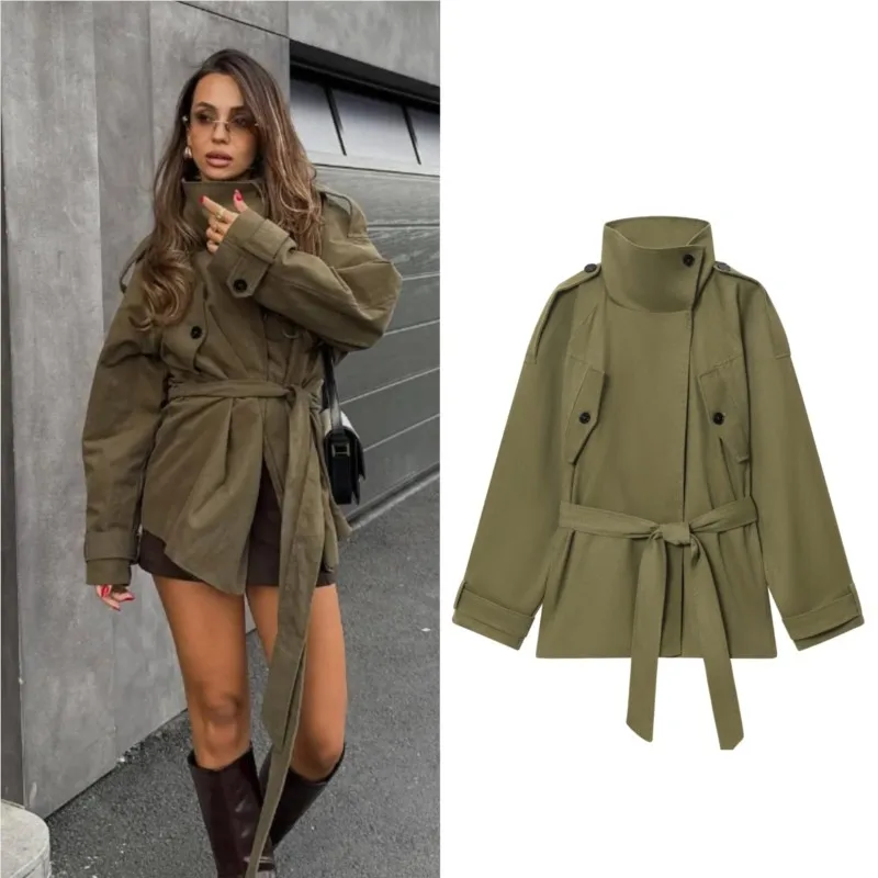 

Женская хлопковая ветровка с поясом, осенняя куртка-стойка с воротником-стойкой и длинными рукавами, карманами, украшение, женские повседневные пальто ﻿