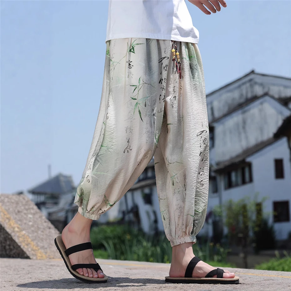 Large Size Harem Pant Mens Summer Thin Vintage Print Casual Trousers Men Harajuku Chinese Style Baggy Ankle Length Pants Male