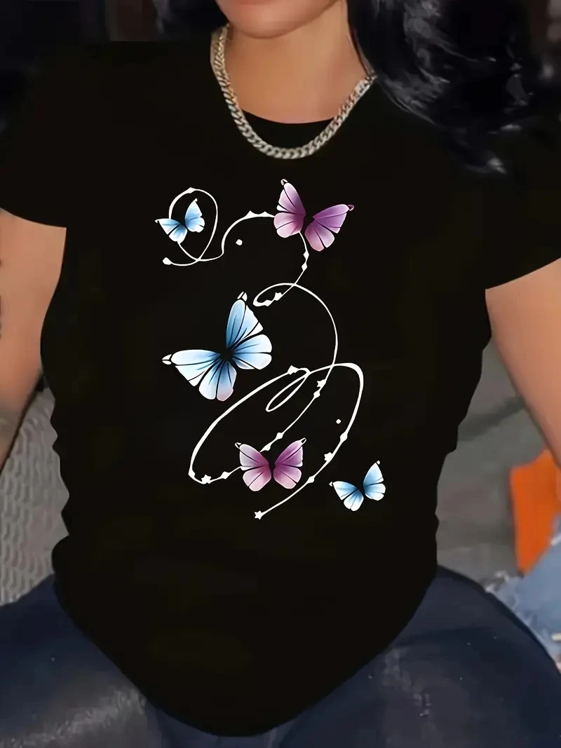 

Женская элегантная футболка больших размеров с коротким рукавом. Удобный свободный эластичный черный топ с цветочным принтом бабочки, круглый вырез.
