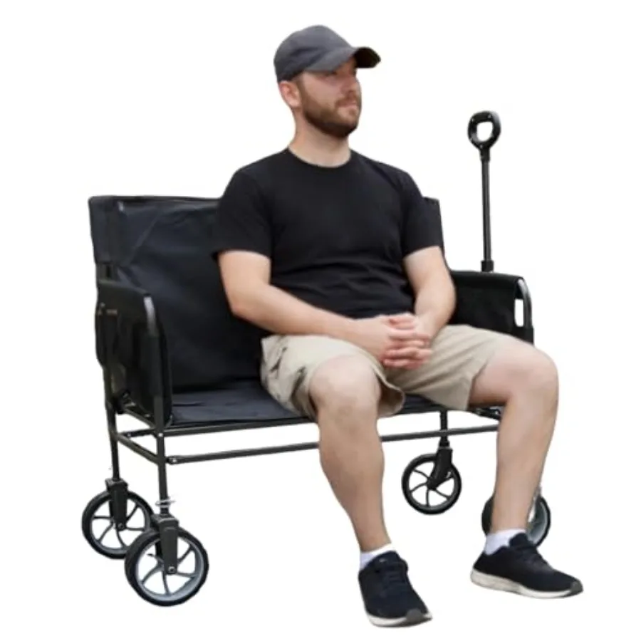 Outdoor wagon bench in durable steel, charcoal gray, raised to standard chair height for adult comfort and foldable into 2-pers