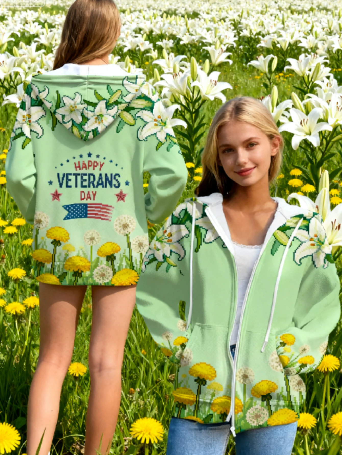 Moletom feminino com estampa completa em 3D, feliz dia dos veteranos Lily & Dandelion padrão floral, moletom elegante com zíper com América