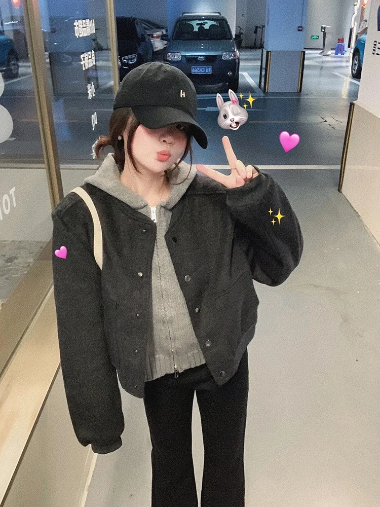 Retro ey ort Double-Sided Woolen Jaet Women's Casual Sle Spring Autumn New Arrival Korean Version Straight Cut