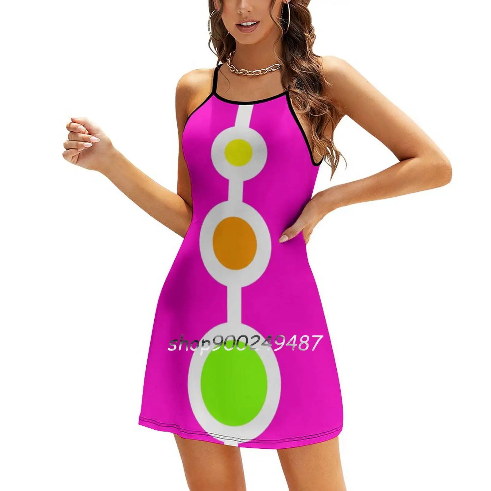 Sixties Style Neon Circles Evening Party Dresses Midi Sexy Dress Female Sweet One Piece Dress Korean Sixties Retro Vintage Neon