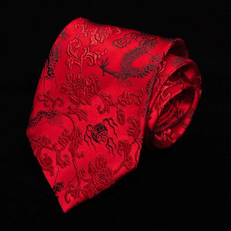 Men Tie 9cm Gorgeous National Wind Red Chinese Dragon Pattern Jacquard Groomsman Groom Wedding Silk Tie 1200 Stitches Necktie