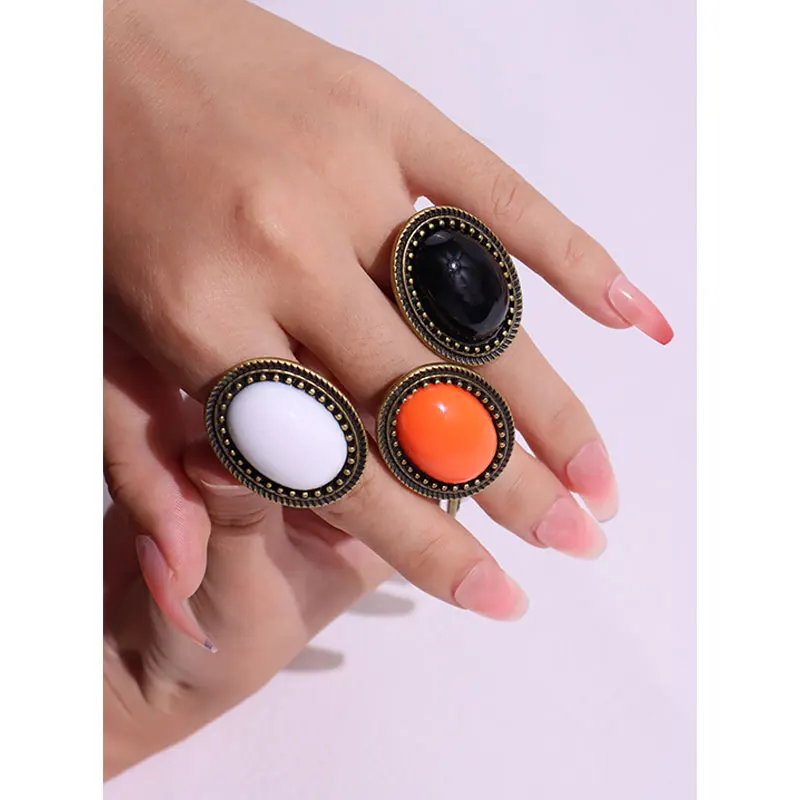 Vintage Orange Color Black White Oval Resin Metal Rings for Women Girl Autumn Winter Elegant Jewelry Gift HUANZHI 2023 NEW