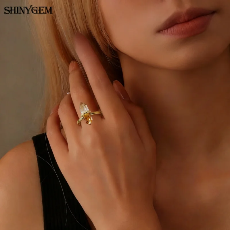 SHINYGEM Jewelry Natural Hexagonal Healing Amethyst Labradorite Rock Crystal Quartz Women Resizable 18K Gold Plated Ring