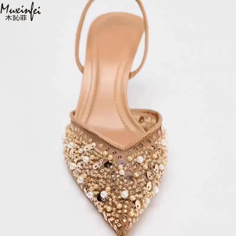 Damenschuhe, Sommer 2026 Neuheit, High Heels, Spitze Pailletten, Perlenbesetzte Business-Mode, Damen-Mueller-Schuhe – Detail 4