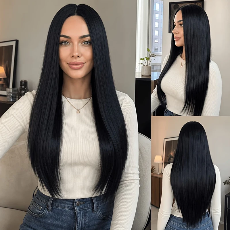 Women’s 28-inch straight black centre-parted wig, made from soft, heat-resistant fibres, for a natural look – full-head party wi
