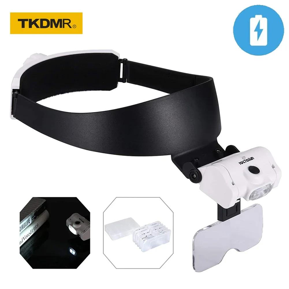 

TKDMR USB Rechargeable Headband Multi Functional Glasses Magnifier 2LED Illuminated Magnifying Glass with 5 Replaceable Lenses