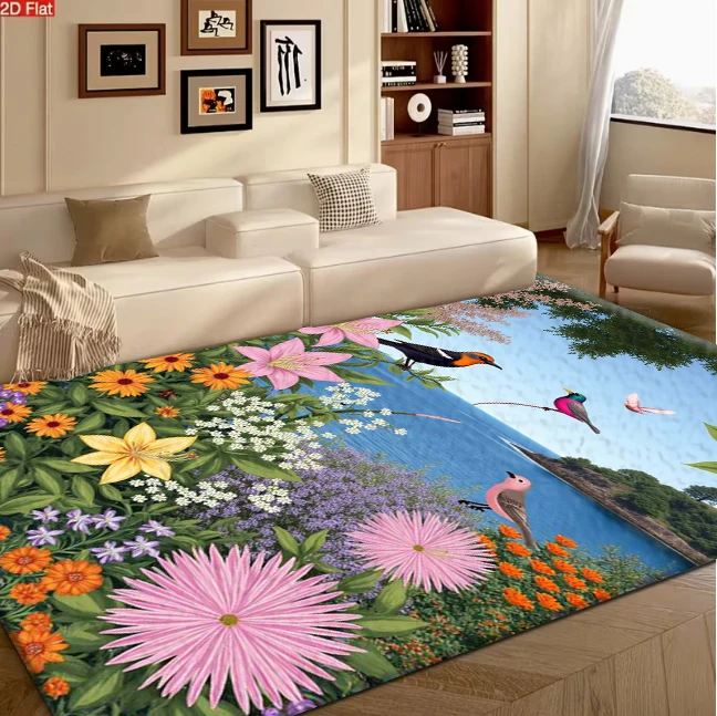 Vibrant Garden Bird Floral Scenery Carpet Flooring Artistic Home Decor Area Rug for Living Space