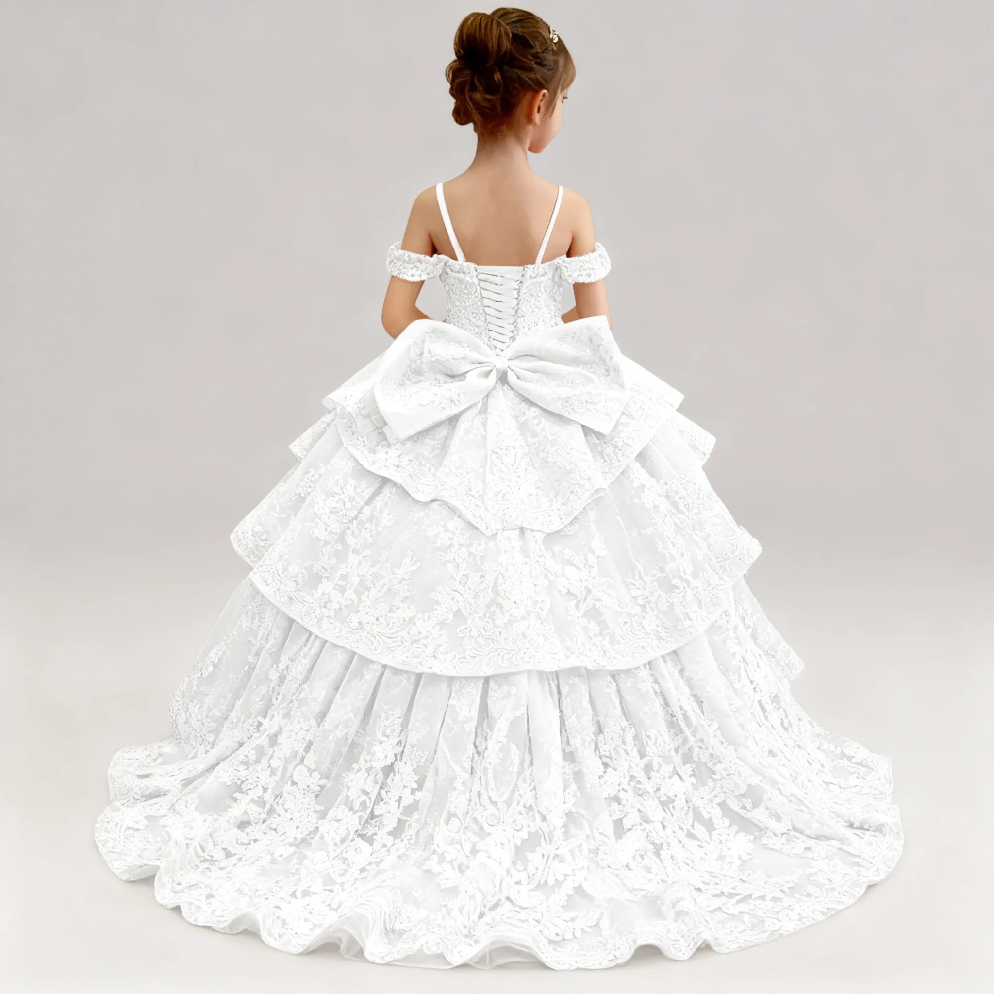 

Custom Lace Applique Flower Girl Dress Wedding Beaded Off-Shoulder Girl Pageant Communion Birthday Party Layered Girl Prom Dress