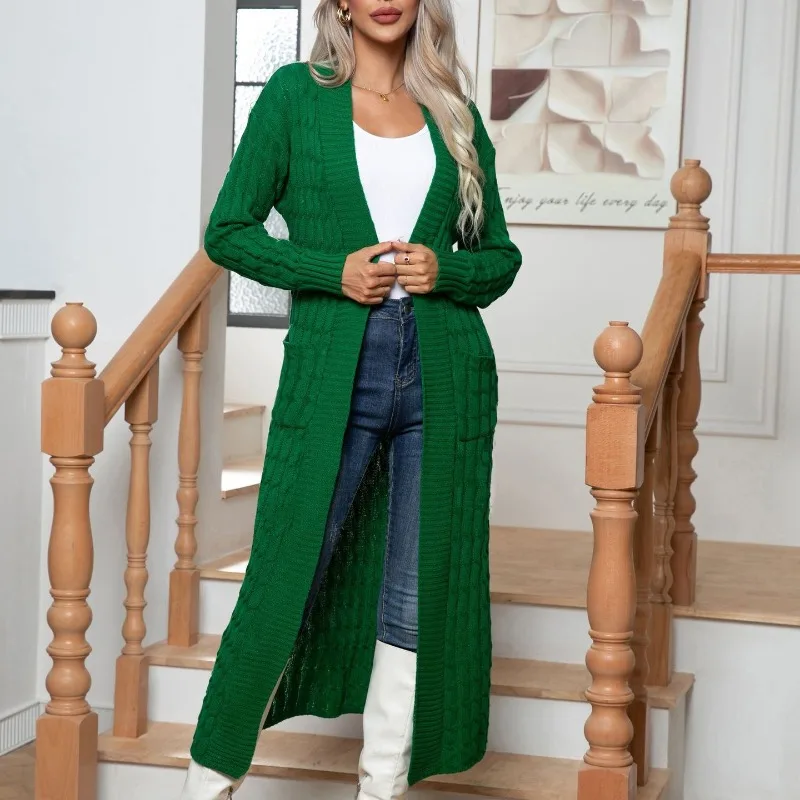 Autumn and Winter Women's Fried Dough Twists Pocket Extended Knitted Loose Sweater Fashion Casual Elegant Long Sleeve Cardigan